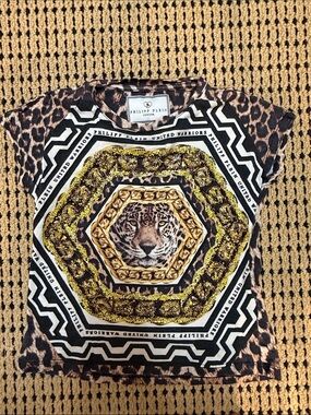 Philipp Plein size 4-5 tshirt girls Brown & Gold Leopard Medallion Tee
